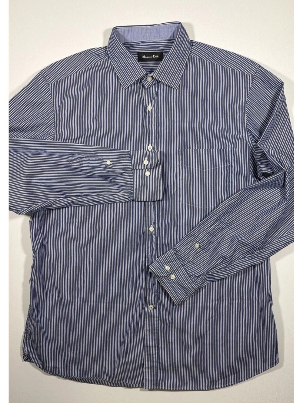 Massimo Dutti Mens Blue White Striped Cotton Long Sleeve Shirt XL